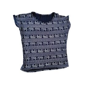 Boho Elephant Print Tunic Top Navy Blue Short Sleeve